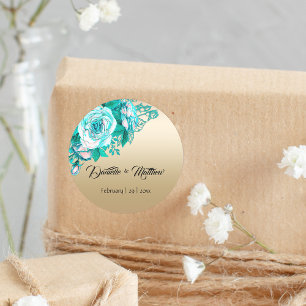 Sticker Rond Elégance dorée : Bouquet de rose Turquoise Mariage