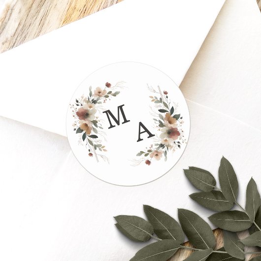 Sticker Rond Élégance Ethérée Floral Wreath Mariage Monogramme