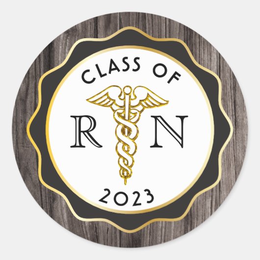 Sticker Rond Elégance rustique RN Caduceus Noir | Bois d'or (Devant)