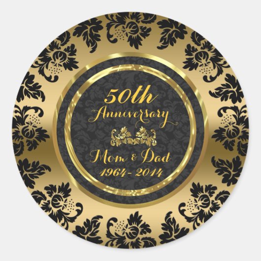 Sticker Rond Élégant 50e anniversaire de Mariage Black & Gold (Devant)