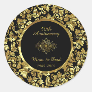 Sticker Rond Élégant 50e anniversaire de Mariage Black & Gold