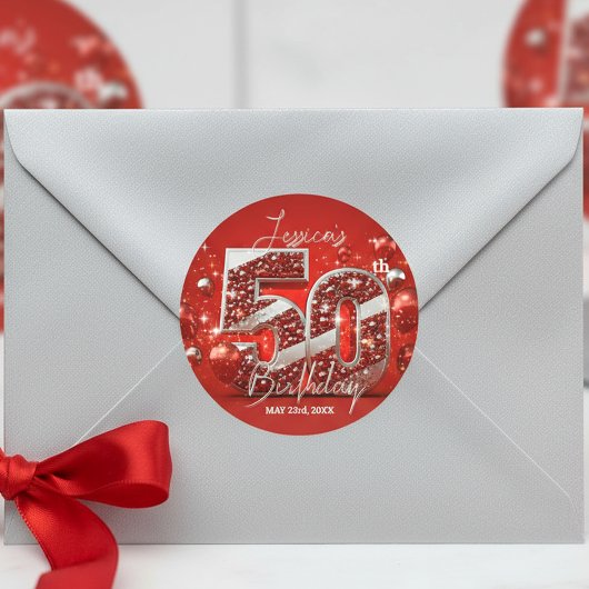 Sticker Rond Élégant 50e anniversaire scintillant rouge et arge