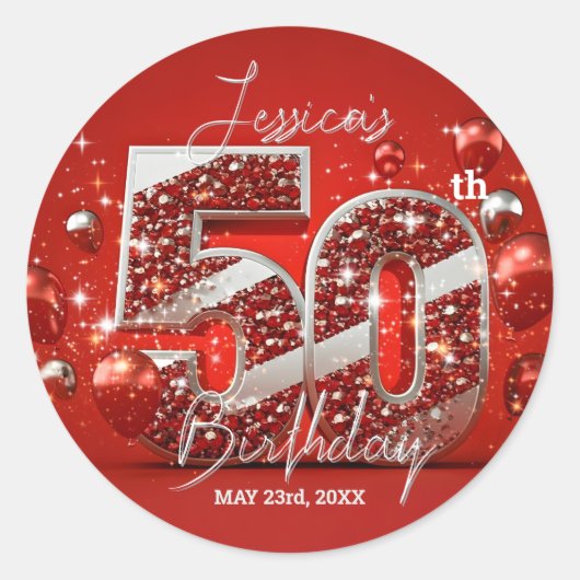 Sticker Rond Élégant 50e anniversaire scintillant rouge et arge (Devant)