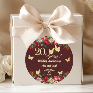 Sticker Rond Élégant Anniversaire de Mariage de 20 ans Floral O
