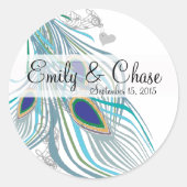 Sticker Rond Elégant Aqua Grey 3 Peacock Feaths Mariage (Devant)