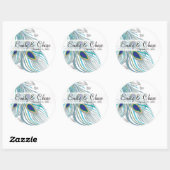 Sticker Rond Elégant Aqua Grey 3 Peacock Feaths Mariage (Feuille)