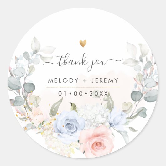 Sticker Rond Elegant Aquarelle Bleu Poussiéreux Rose Merci (Devant)