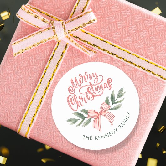 Sticker Rond Elégant Aquarelle Bow rose Joyeux Noël