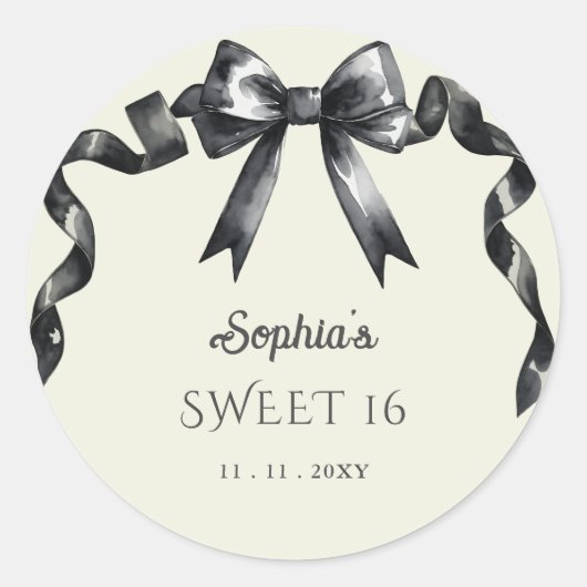 Sticker Rond Elégant Aquarelle Coquette Black Bow Sweet 16 (Devant)