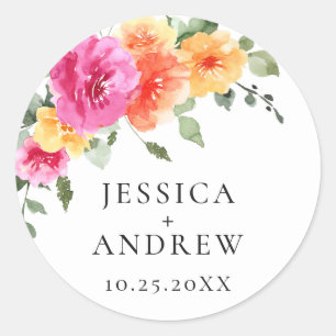 Sticker Rond Elégant Aquarelle Fleurs vives Mariage