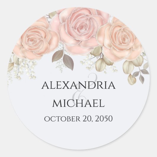 Sticker Rond Élégant aquarelle floral rose or &  (Devant)