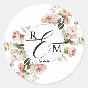 Sticker Rond élégant aquarelle floral roses monogramme mariage