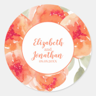 Sticker Rond Elégant Aquarelle Pêche pivoines Floral Mariage