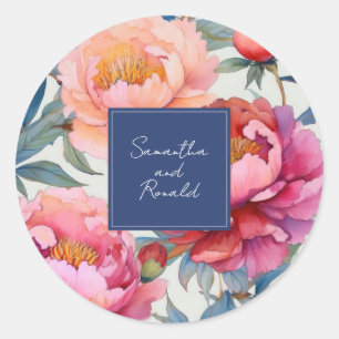 Sticker Rond Elégant Aquarelle Peony Flowers Mariage