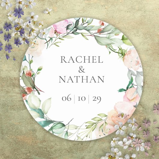 Sticker Rond Elégant Aquarelle Verdure Floral Mariage