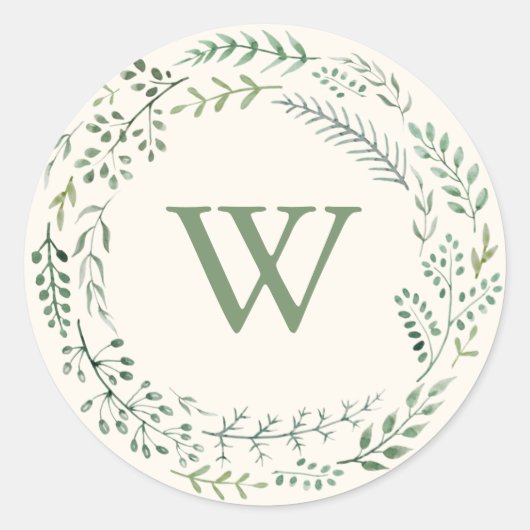 Sticker Rond Elégant aquarelle vert verdure Wreath Monogramme (Devant)
