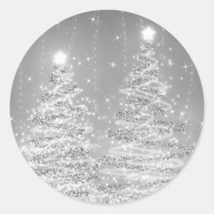 Sticker Rond Élégant Arbres Étincelants de Noël Argent 
