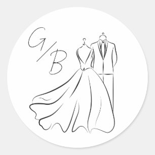 Sticker Rond Élégant B&w Tux & Robe Monogram Mariage