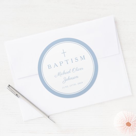 Sticker Rond Elegant Baby Blue Cross Boy Baptism (Enveloppe)