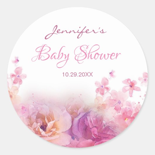 Sticker Rond Elégant Baby shower à l'aquarelle Script main (Devant)