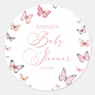 Sticker Rond Élégant Baby shower à papillon rose doux