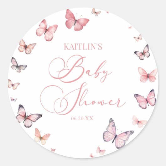 Sticker Rond Élégant Baby shower à papillon rose doux (Devant)