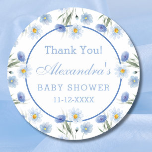 Sticker Rond Elégant Baby shower bleu Floral Boho  Merci