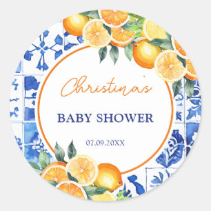 Sticker Rond Elégant Baby shower Citrus Blue Carreaux