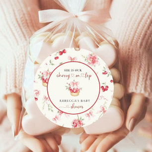 Sticker Rond Elégant Baby shower Coquette Cerises d'Aquarelle