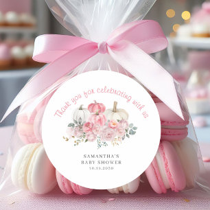 Sticker Rond Élégant Baby shower de fille Citrouille rose