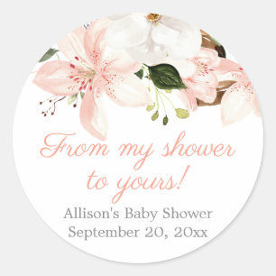 Sticker Rond Élégant baby shower de lys à fleurs blanches roses