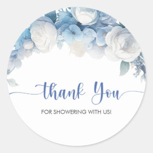 Sticker Rond Elégant Baby shower Floral bleu Dusty Merci