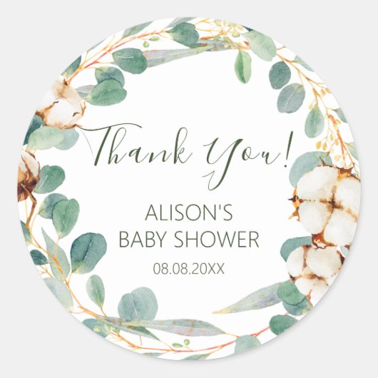 Sticker Rond Elégant Baby shower Floral Eucalyptus (Devant)