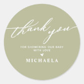 Sticker Rond Élégant Baby shower manuscrit Merci de script (Devant)