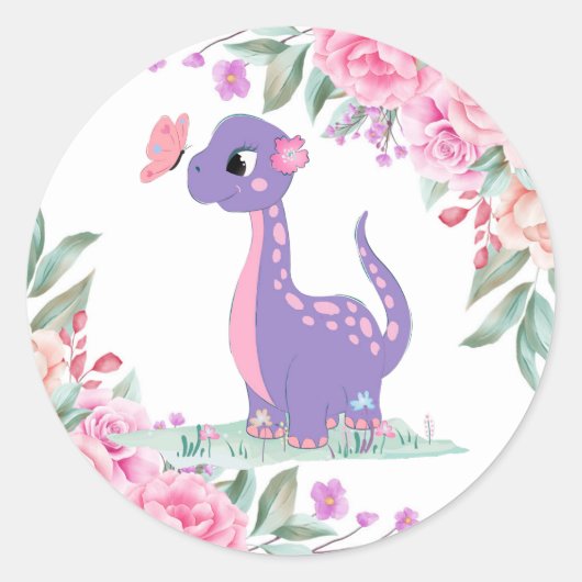 Sticker Rond Élégant Baby shower Papillon Dinosaure Rose Violet (Devant)