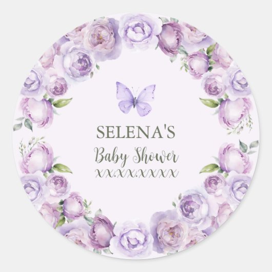 Sticker Rond Élégant Baby shower papillon floral violet (Devant)