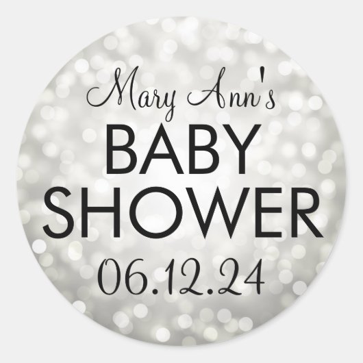 Sticker Rond Élégant Baby shower Parties scintillant argent lum (Devant)