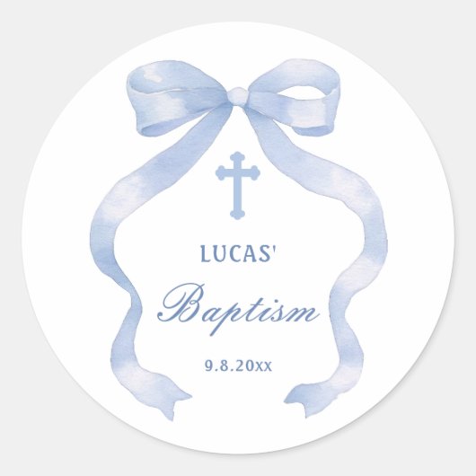 Sticker Rond Élégant Baptême Bleu Bow (Devant)