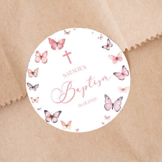 Sticker Rond Élégant Baptême Papillon rose doux