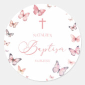 Sticker Rond Élégant Baptême Papillon rose doux (Devant)