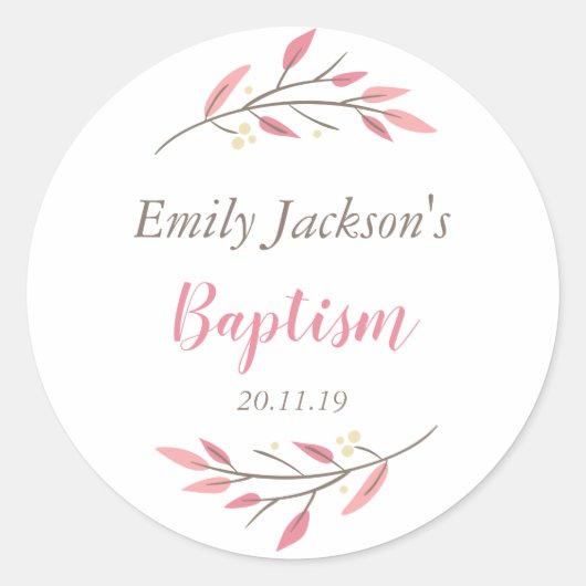 Sticker Rond Élégant Baptère Floral Rose (Devant)