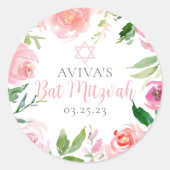 Sticker Rond Elegant Bat Mitzvah Party Personalized Pink Floral (Devant)