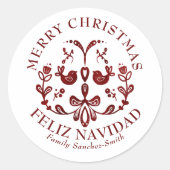 Sticker Rond Élégant Bilingue Burgundy Birds Noël (Devant)