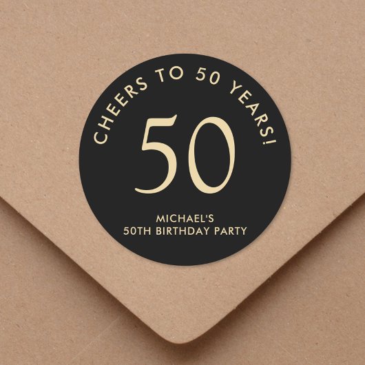 Sticker Rond Elegant Black Gold 50th Birthday Party