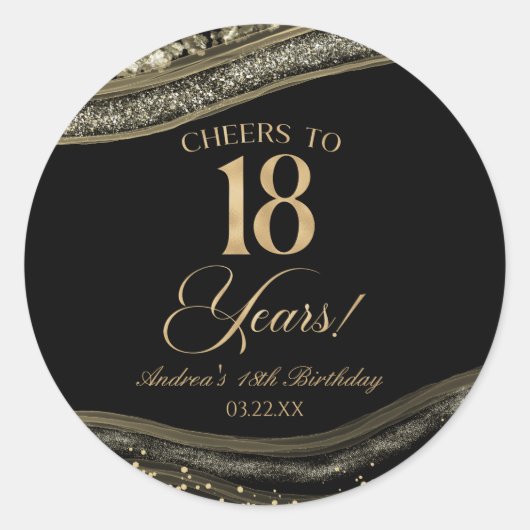 Sticker Rond Elegant Black Gold Agate 18th Birthday Party (Devant)