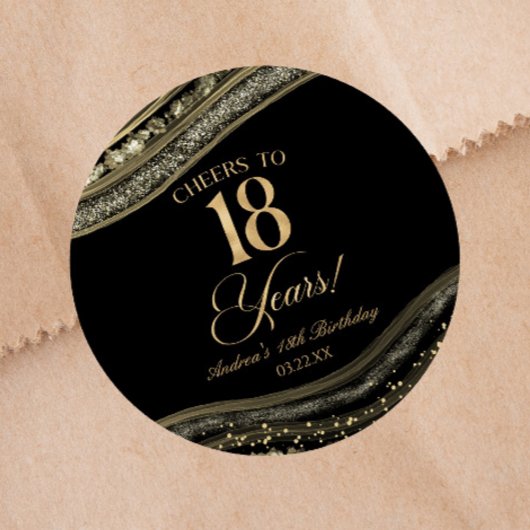 Sticker Rond Elegant Black Gold Agate 18th Birthday Party