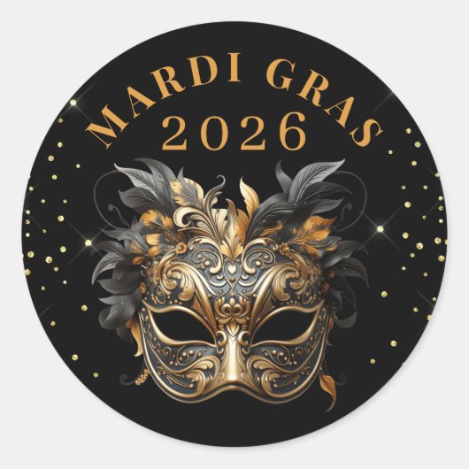 Sticker Rond Elegant Black Gold Glitter Mardi Gras 2026 (Devant)