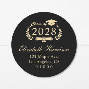 Sticker Rond Élégant Black Gold Graduation Adresse de retour