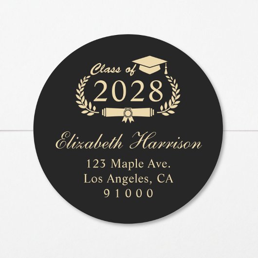 Sticker Rond Élégant Black Gold Graduation Adresse de retour
