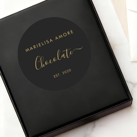 Sticker Rond Elegant Black Gold Script Chocolatier Qr Code